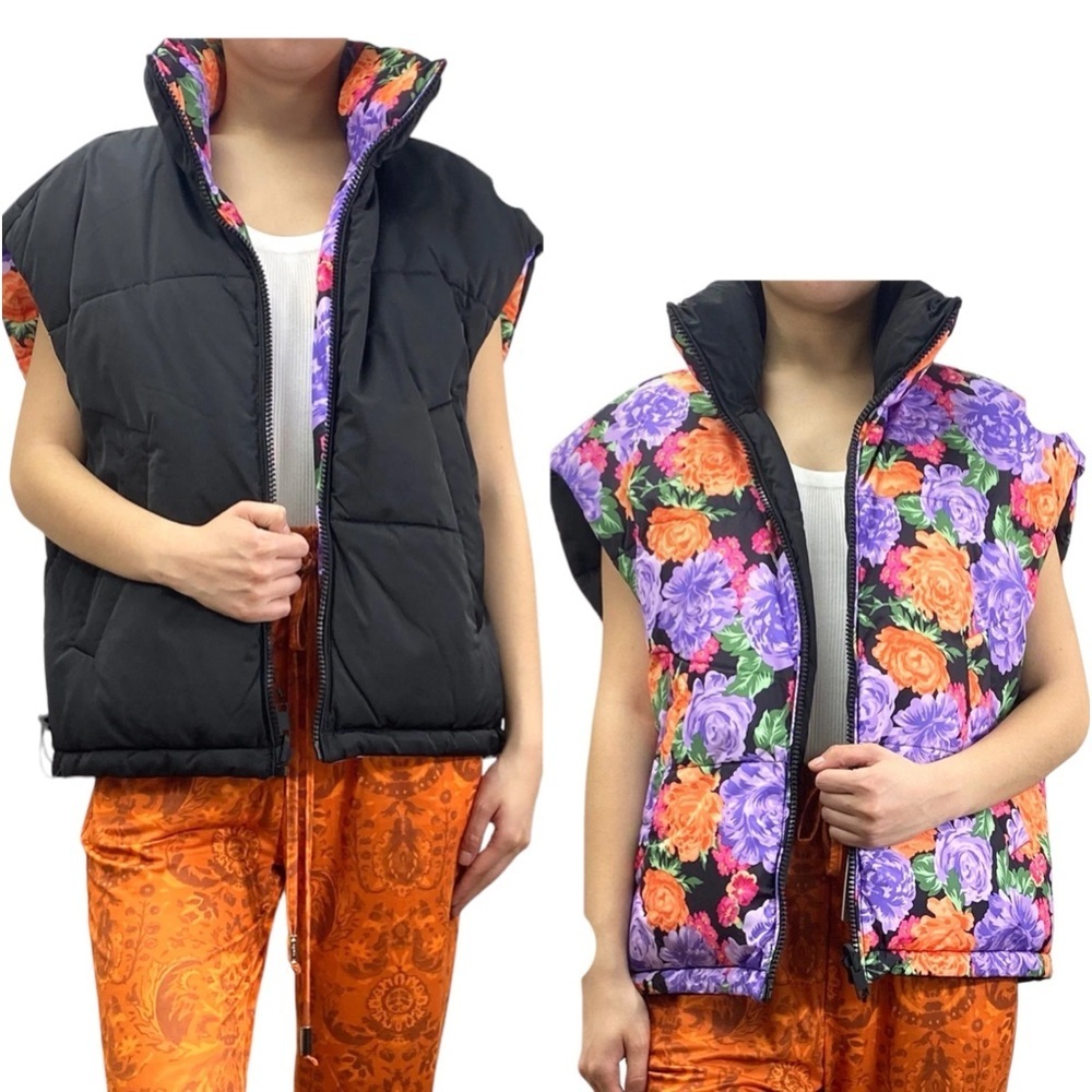ZARA Parca black floral reversible puffer vest jacket size XS-S